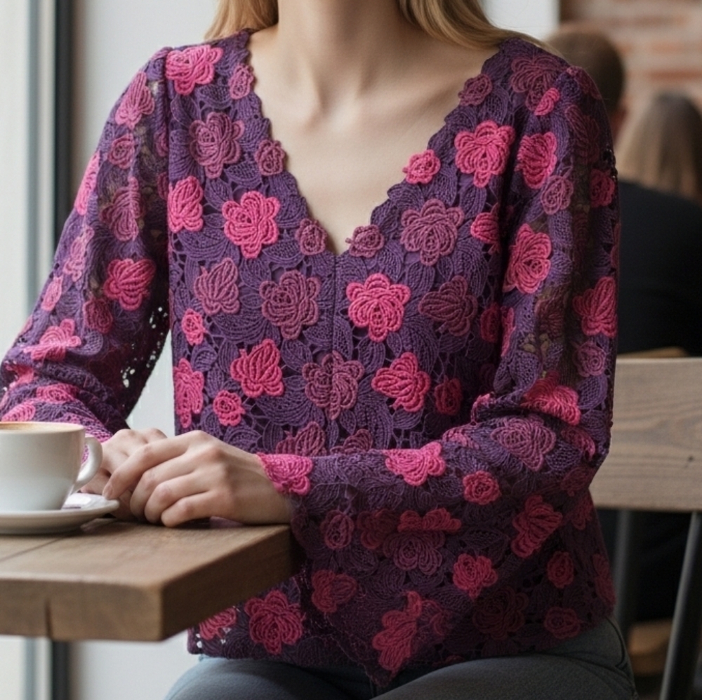 CLUB MONACO Floral Lace Bell Sleeve Top - M